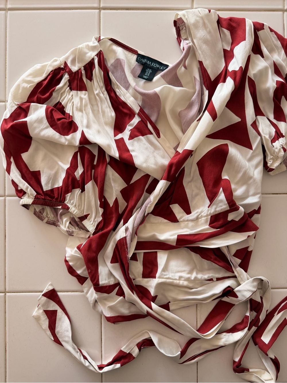 Cynthia Rowley Cream Wrap Top with Deep Red Abstract Print